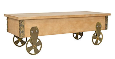 Mesa de centro de madera y metal con ruedas